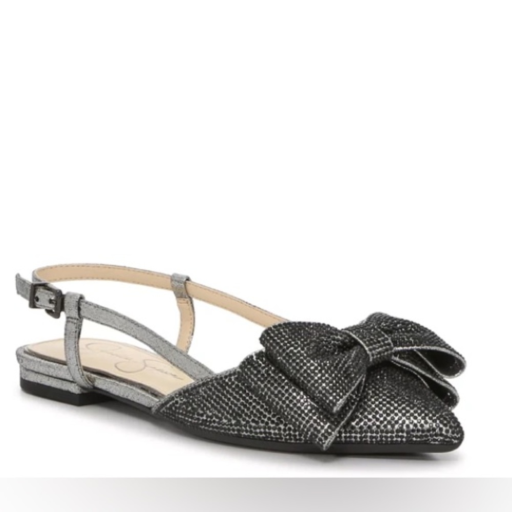 Jessica Simpson Black/Silver Bow Glitter Rhinestone Slingback Flat Shoes 9.5